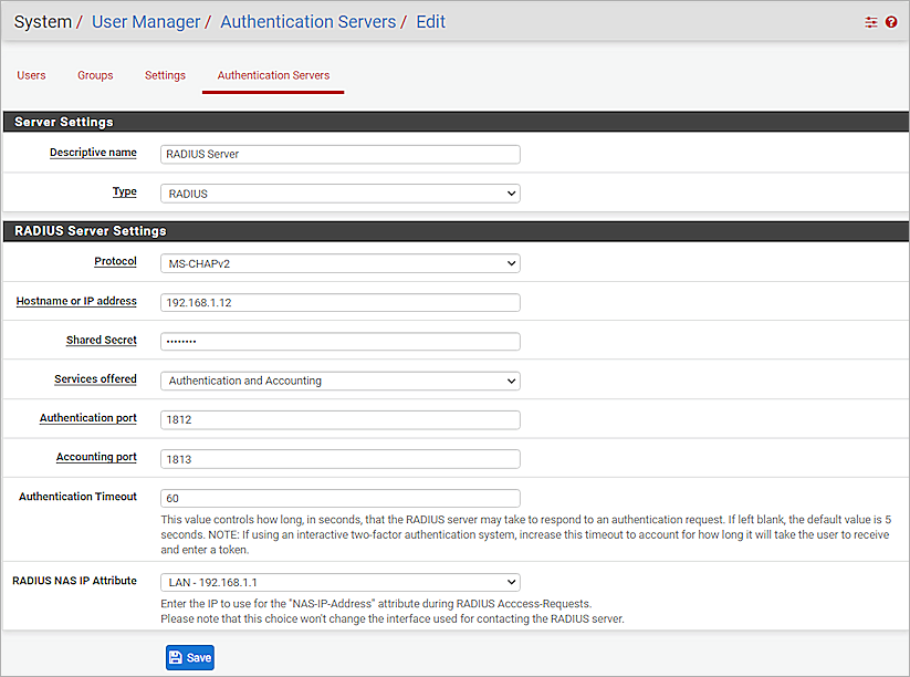 Screenshot of pfSense, Authentication Server